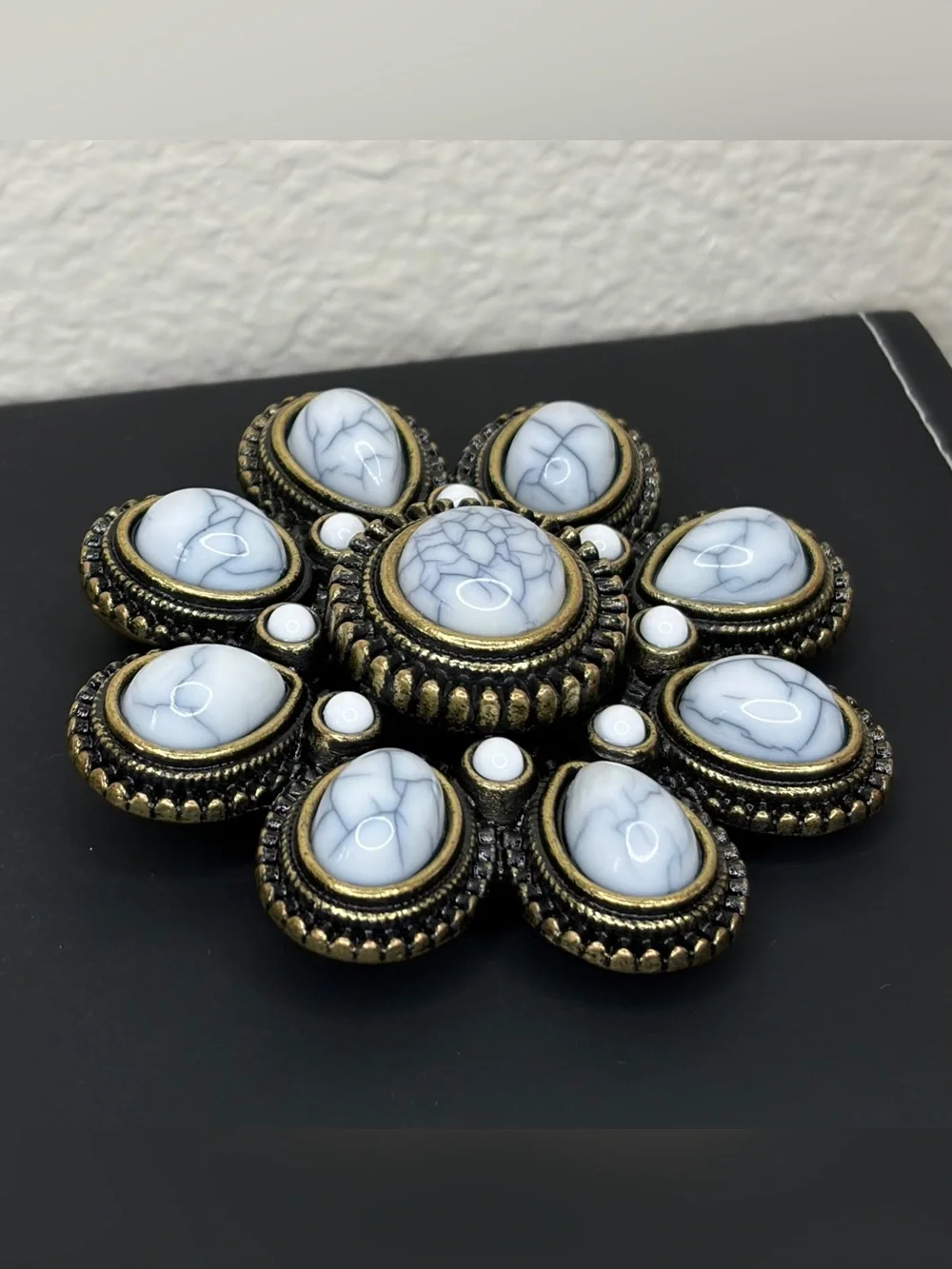 Premier Designs Antiqued Gold Tone White Howlite Floral Brooch/Pendant